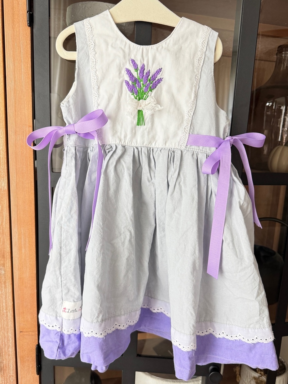 Vintage Lavender bouquet embroidered dress smock eyelet bows toddler girl flower